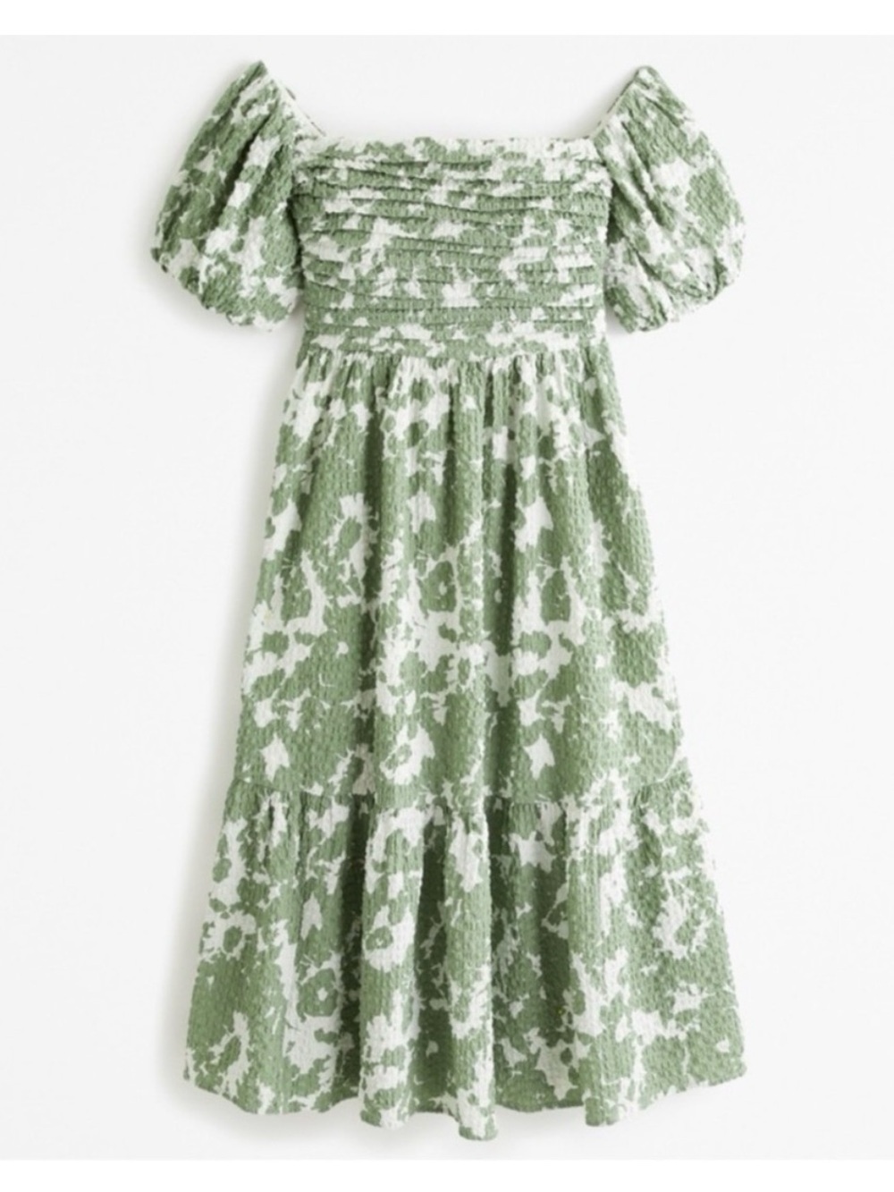 Abercrombie Emerson Puff Off the Shoulder Midi Dress Green White Floral Gauze XS